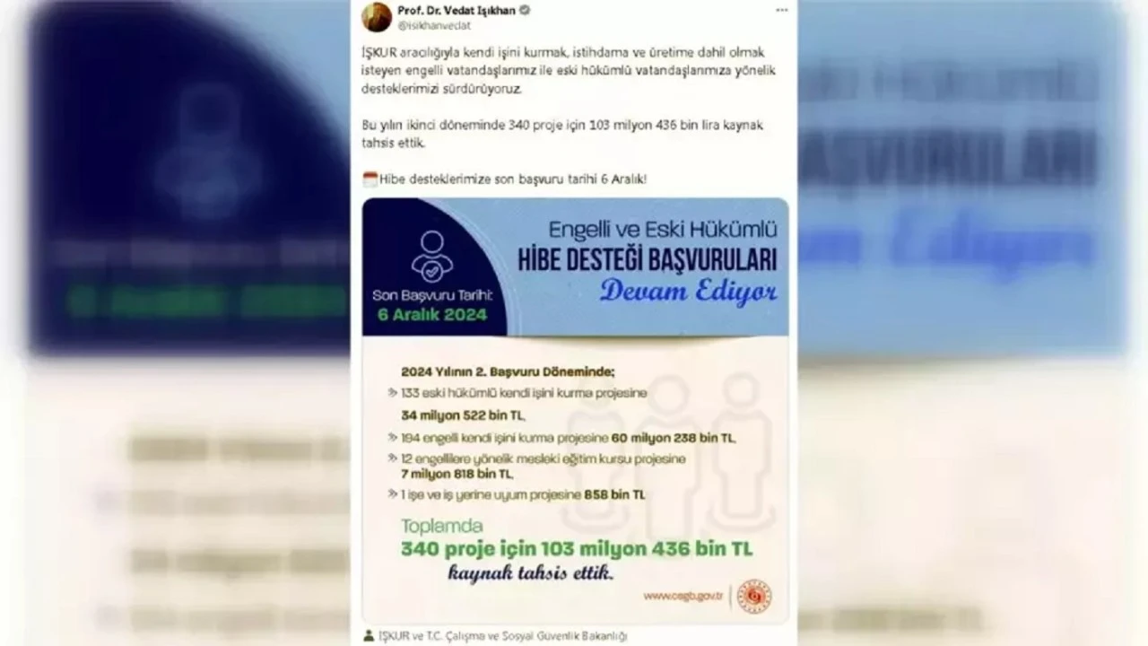 İŞKUR'dan engelli ve eski hükümlülere 103 milyon lira destek