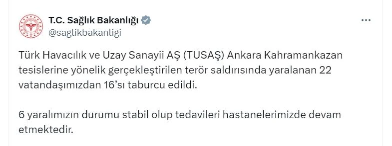 TUSAŞ'ta yaralanan 22 kişiden 16'sı taburcu edildi